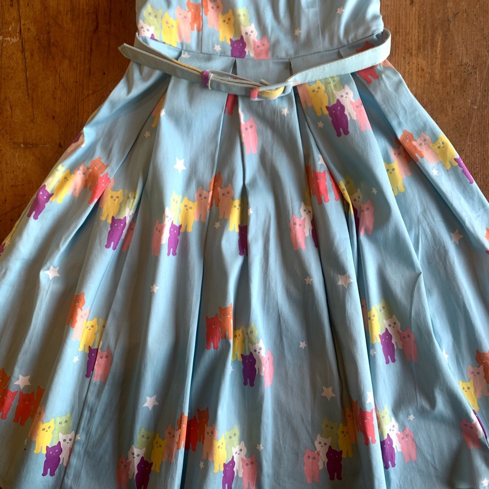 Light Blue Cat Print Fit-and-Flare Dress - Picture 8 of 16